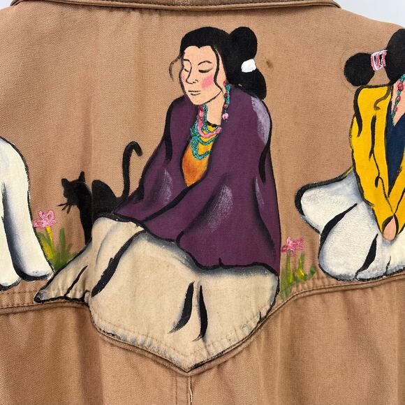 Vtg Liz Claiborne Sport Painted Southwestern Woman Feather Duster Coat Sz MP - Picture 11 of 16